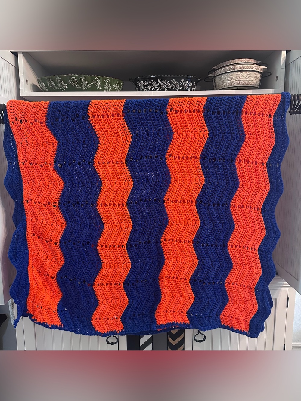 Handmade Chevron Crochet Throw in Bright Orange and Royal Blue 70Wx48L